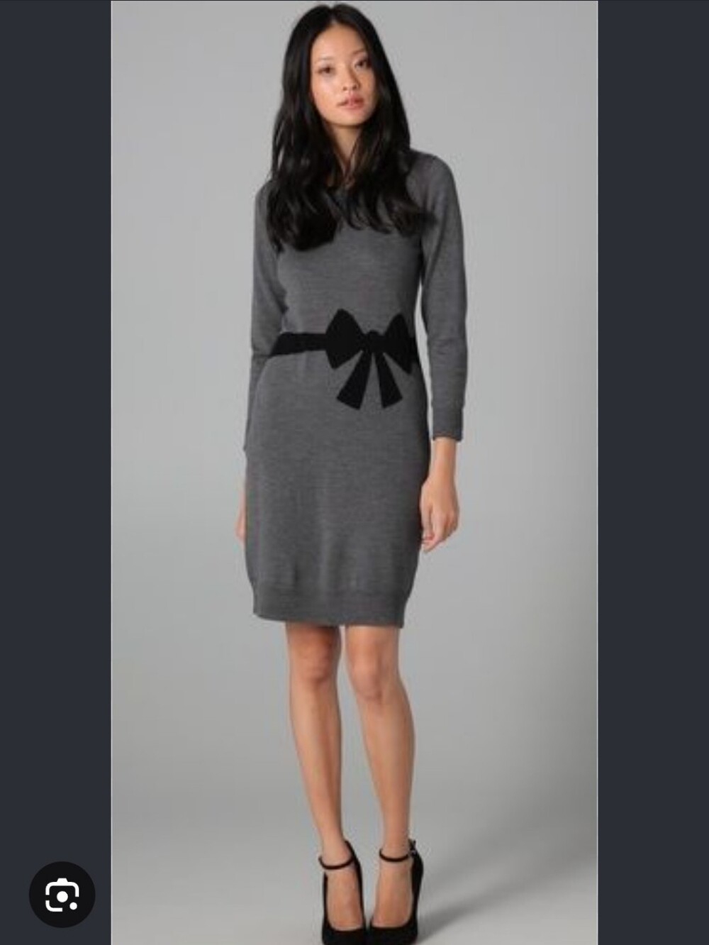 Milly Gray Knit Long-Sleeve Wool Dress with Black Bow P2P 18"